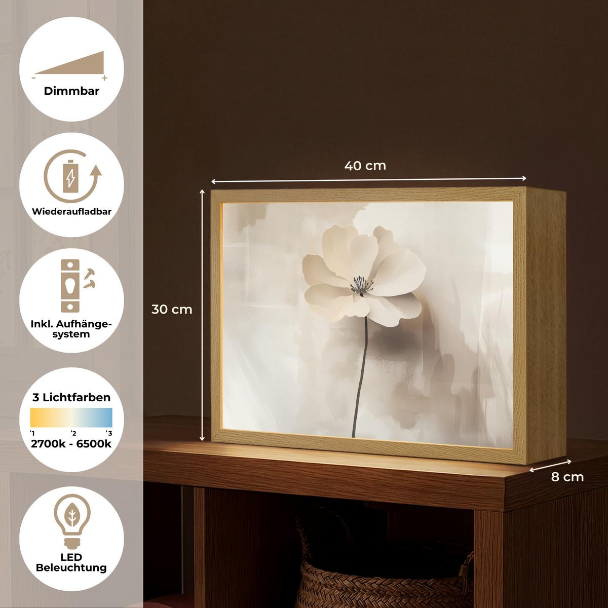 WANDLEUCHTE MIT AKKU Blume - Beige - Farbe - Schatten 40x30 cm - Beige, Holzwerkstoff (40/30/8cm) - OnlyWow