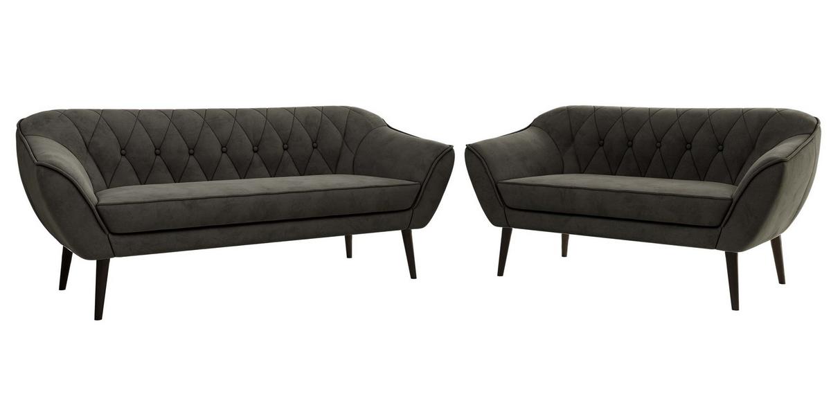SITZGARNITUR PIRS 3+2 - Dunkelgrau Velvet - Schwarze Beine - Dunkelgrau/Schwarz, Holzwerkstoff/Textil (180/75/74cm) - MKS