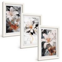 BILDER SET 3er Set - 20x30 cm Weißer Rahmen - Blumen Marmor weiß schwarz - Weiß, Kunststoff (20/30cm) - TULUP
