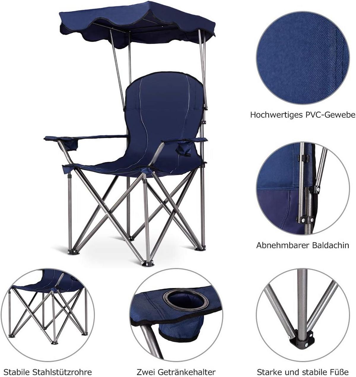 CAMPINGSTUHL mit Sonnendach Blau - Blau, Metall (97/130/68cm) - COSTWAY