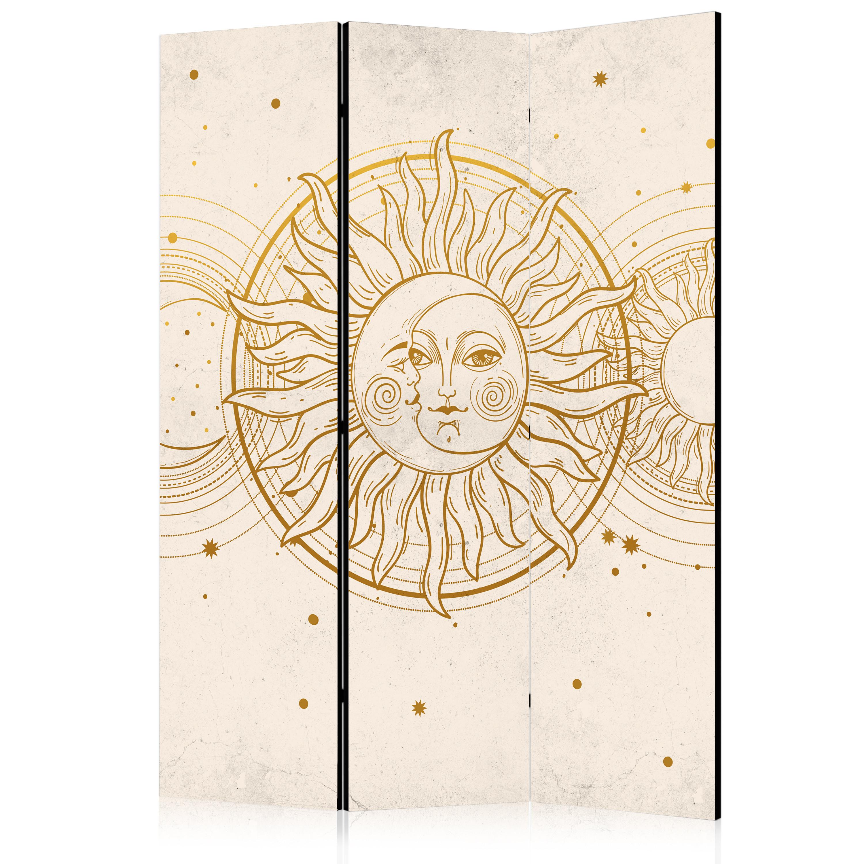 PARAVENT Beidseitig Bedruckter 3-tlg 135x172 cm Sonne Mond Boho Stil - Beige, Holz/Textil (135/172/3cm) - Muralo