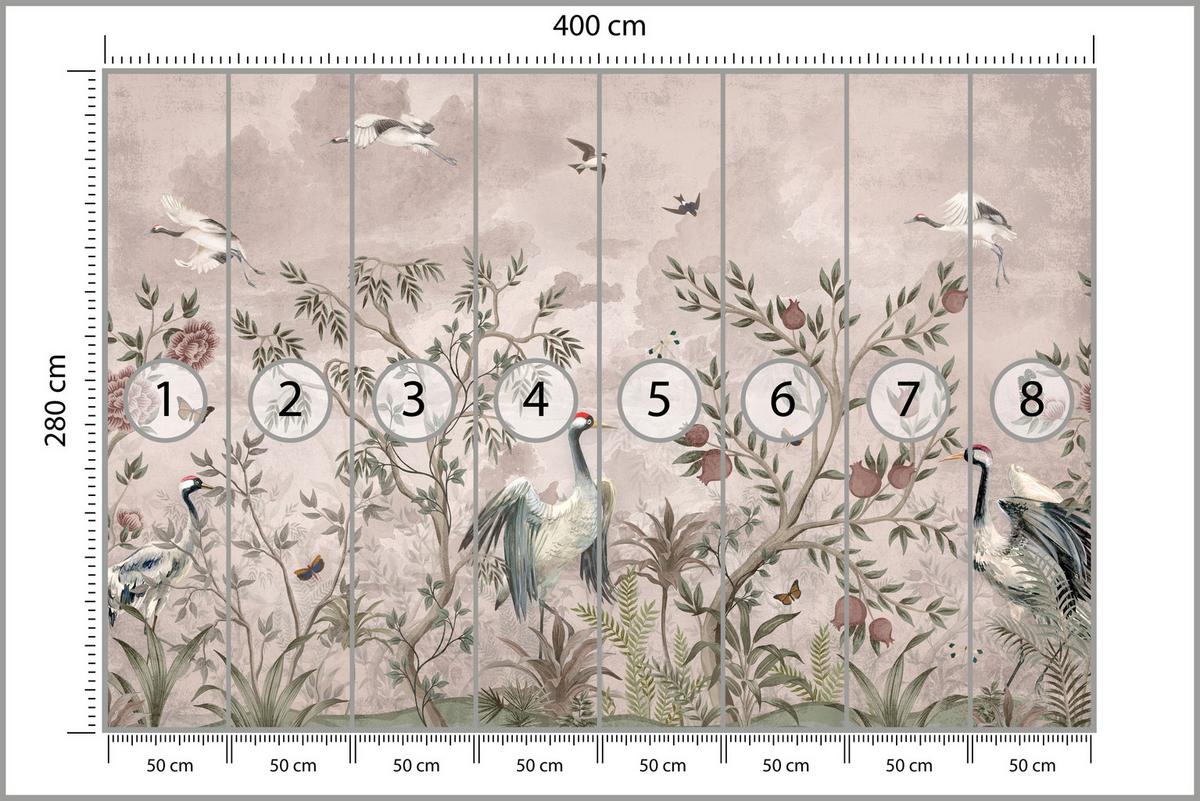 FOTOTAPETE für Schlafzimmer Kraniche Bäume Tropische Blumen Büsche 400x280 - Beige/Rot, Papier (400/280cm) - Muralo
