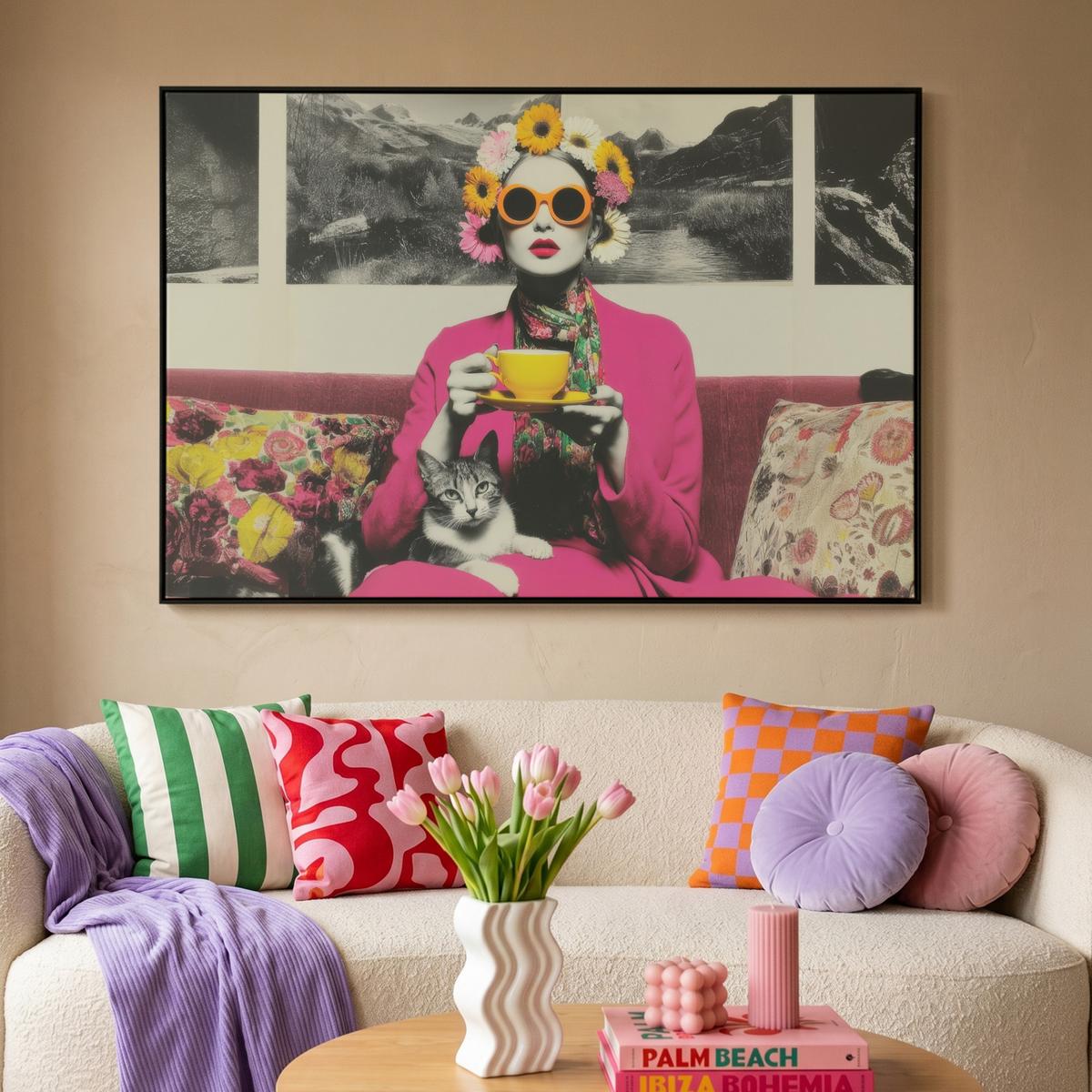 LEINWAND Bilder mit Rahmen - Frau - Katze - Blumen - Tasse - Retro - 140x90 - Magenta, Textil (140/90cm) - MuchoWow