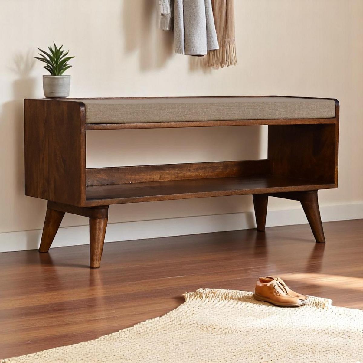 SCHUHBANK Massivholz Mud Leinen Nordic, Gepolsterte Sitzfläche und Offenes Regal zur Aufbewahrung, Dunkelbraun - Beige/Dunkelbraun, Mangoholz/Holz (90/45/34cm) - Artisan Furniture