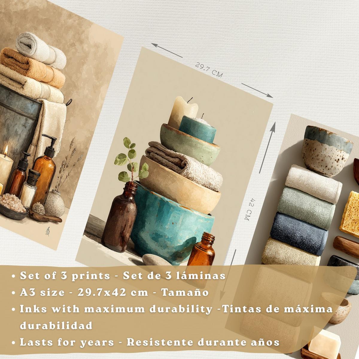 POSTER 3er-Set dekorative Badezimmerbilder im natürlichen Spa-Stil, Motive mit Handtüchern, Kerzen minimalistisches, Leichter Holzrahmen A3 - Beige, Papier (42/29.7/3cm) - Nacnic