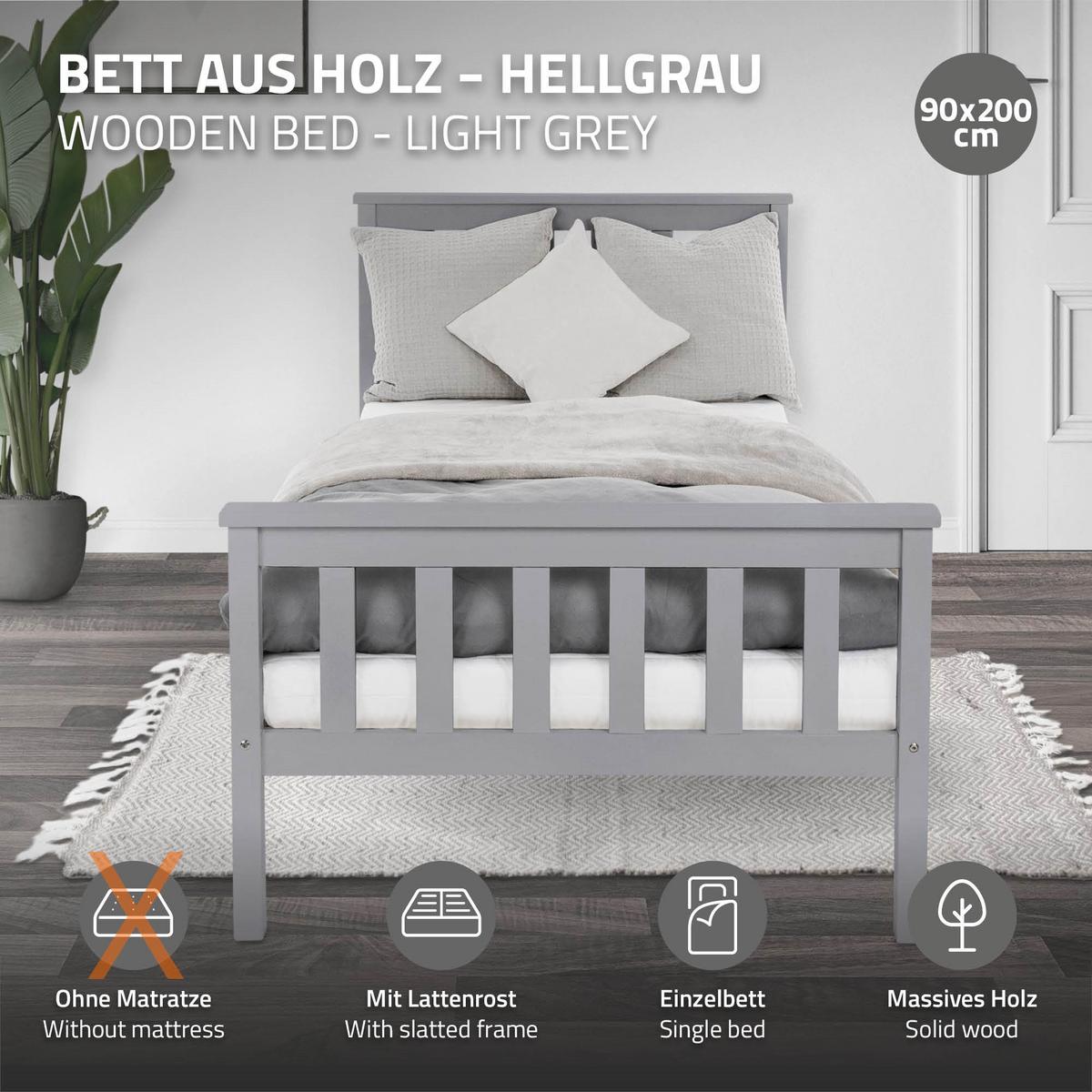 HOLZBETT 90x200 cm Hellgrau aus Kiefernholz mit Lattenrost - Hellgrau, Holz (90/200cm) - ML-DESIGN