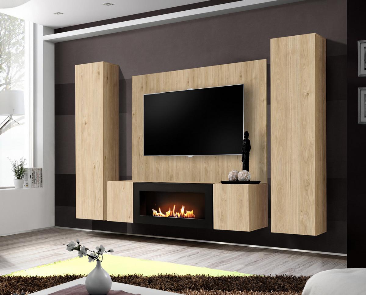 WOHNWAND Eiche Jackson 4-teilig 260 cm hängend, Schrankwand mit Ethanol Kamin - Eichefarben, Holzwerkstoff (260/170/40cm) - Inn.Furn