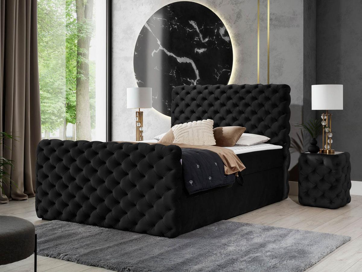 BOXBETT Chesterfield Lux - H3 - Schwarz, Holz (160/200cm) - MIRJAN24