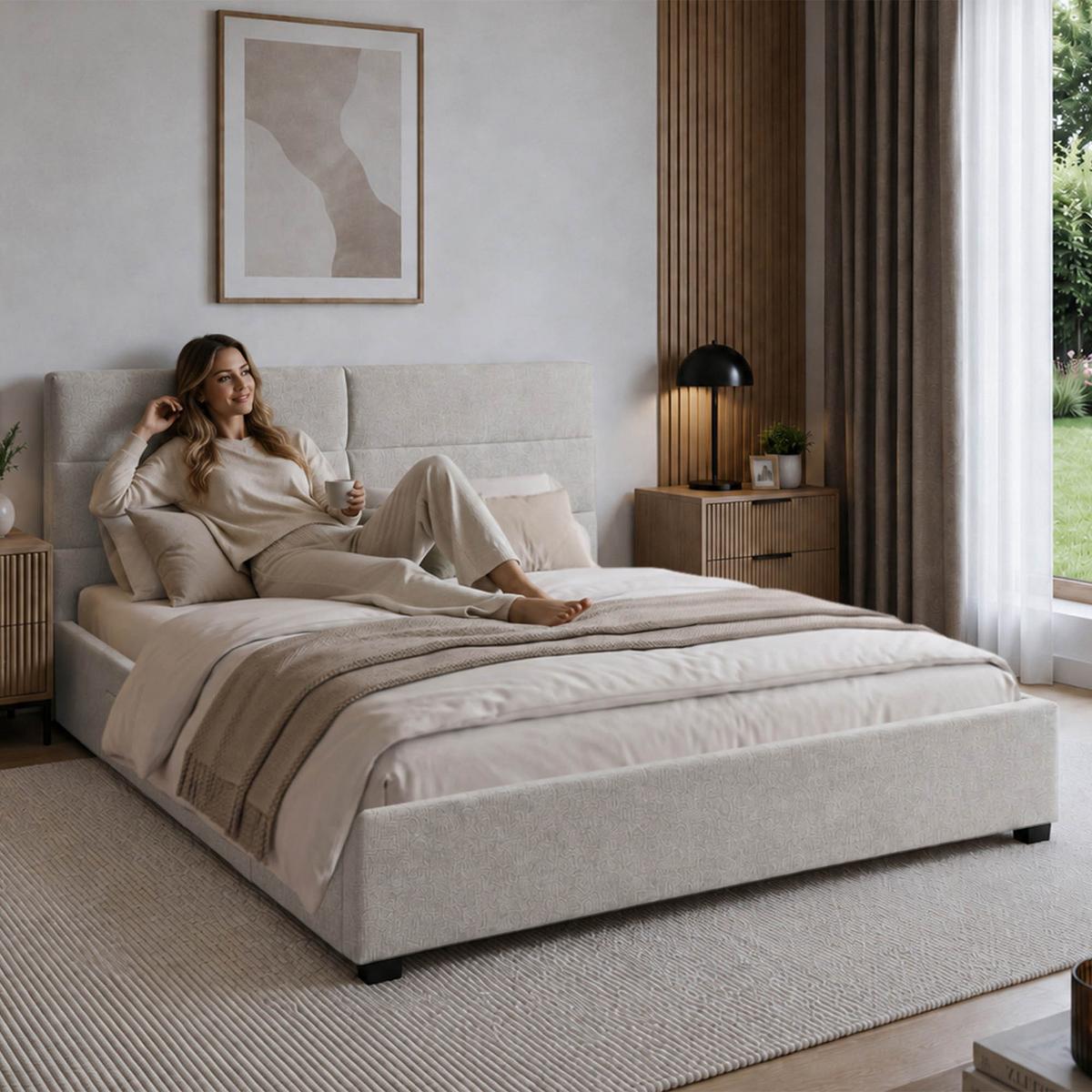 POLSTERBETT Aurea Doppelbett 160x200 cm mit Schublade und Schaumstoffmatratze 10 cm, Chenille-Stoff, Beige - Beige/Schwarz, Textil (160/200cm) - Beautysofa