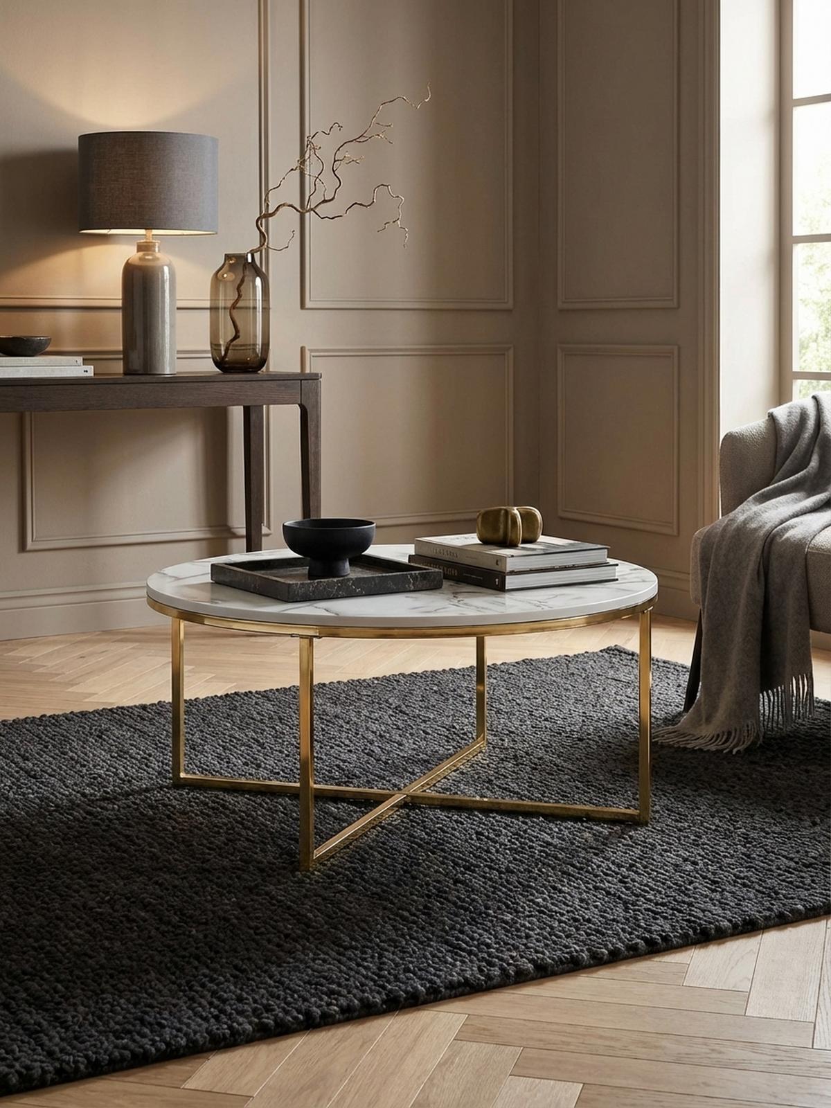 COUCHTISCH mit Marmor-Optik und Hochglanz-Finish, rund, Weiß 80x80x35 cm - Goldfarben/Weiß, Holz/Metall (80/80/35cm) - KADIMA DESIGN
