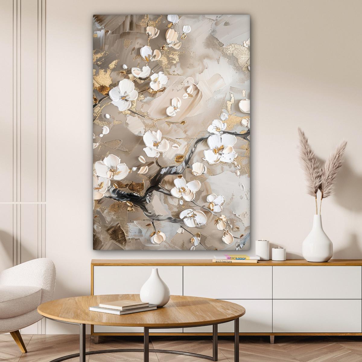 LEINWANDBILD Blumen - Weiß - Gold - Beige - Luxus Deko XXL 80x120 cm - Greige, Textil (80/120cm) - MuchoWow