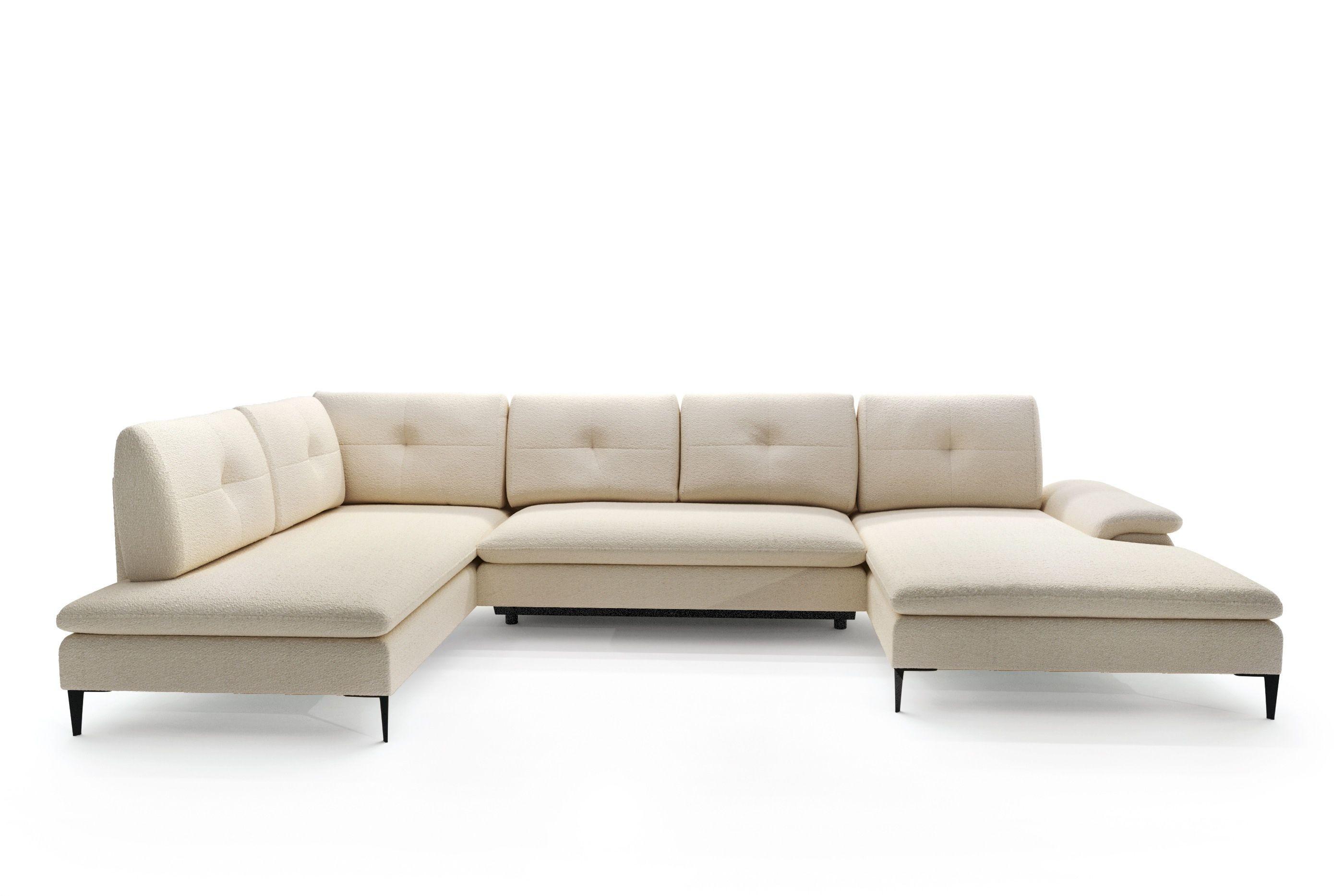WOHNLANDSCHAFT BREZZA Beige Plüsch-Stoff mit Schlaffunktion - Beige, Holz (350/87/205cm) - MASSENO