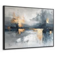 LEINWAND Bilder mit Rahmen - Kunst - Grau - Gold - Abstrakt - 100x70 - Dunkelgrau, Textil (100/70cm) - MuchoWow