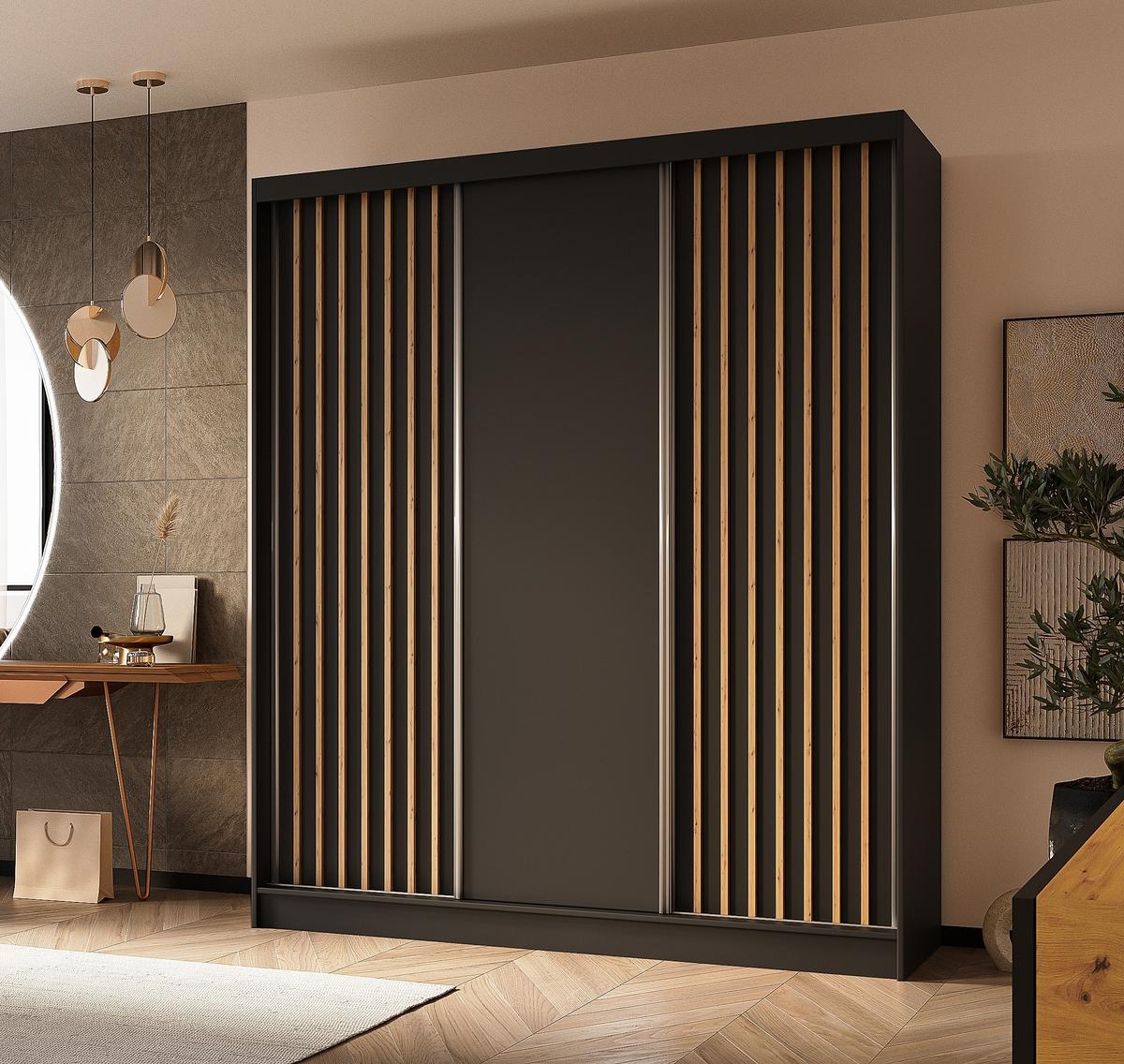 SCHWEBETÜRENSCHRANK Cabinio Schwarz Eiche Artisan 180/216/61 cm – Modern, mit Lamellen - Walnussfarben/Schwarz, Holzwerkstoff/Kunststoff (180/216.1/61cm) - AX Living