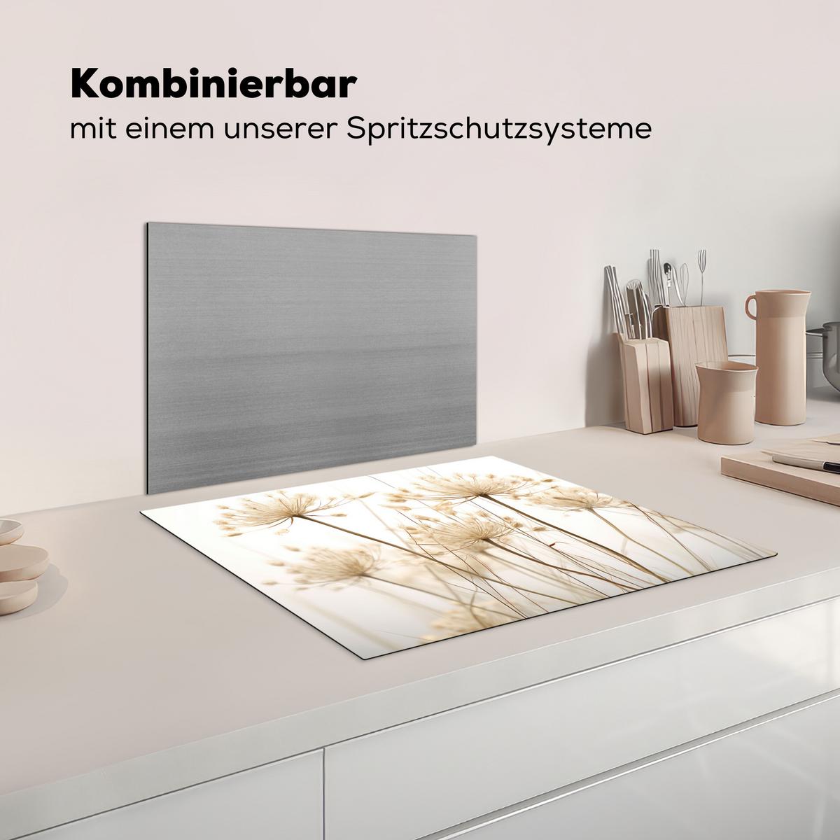 HERDABDECKPLATTE Blumen - Weiß - Sonnenlicht Herdabdeckung Induktionsfeld 65x52 cm - Ecru, Kunststoff (65/52/0.2cm) - MuchoWow