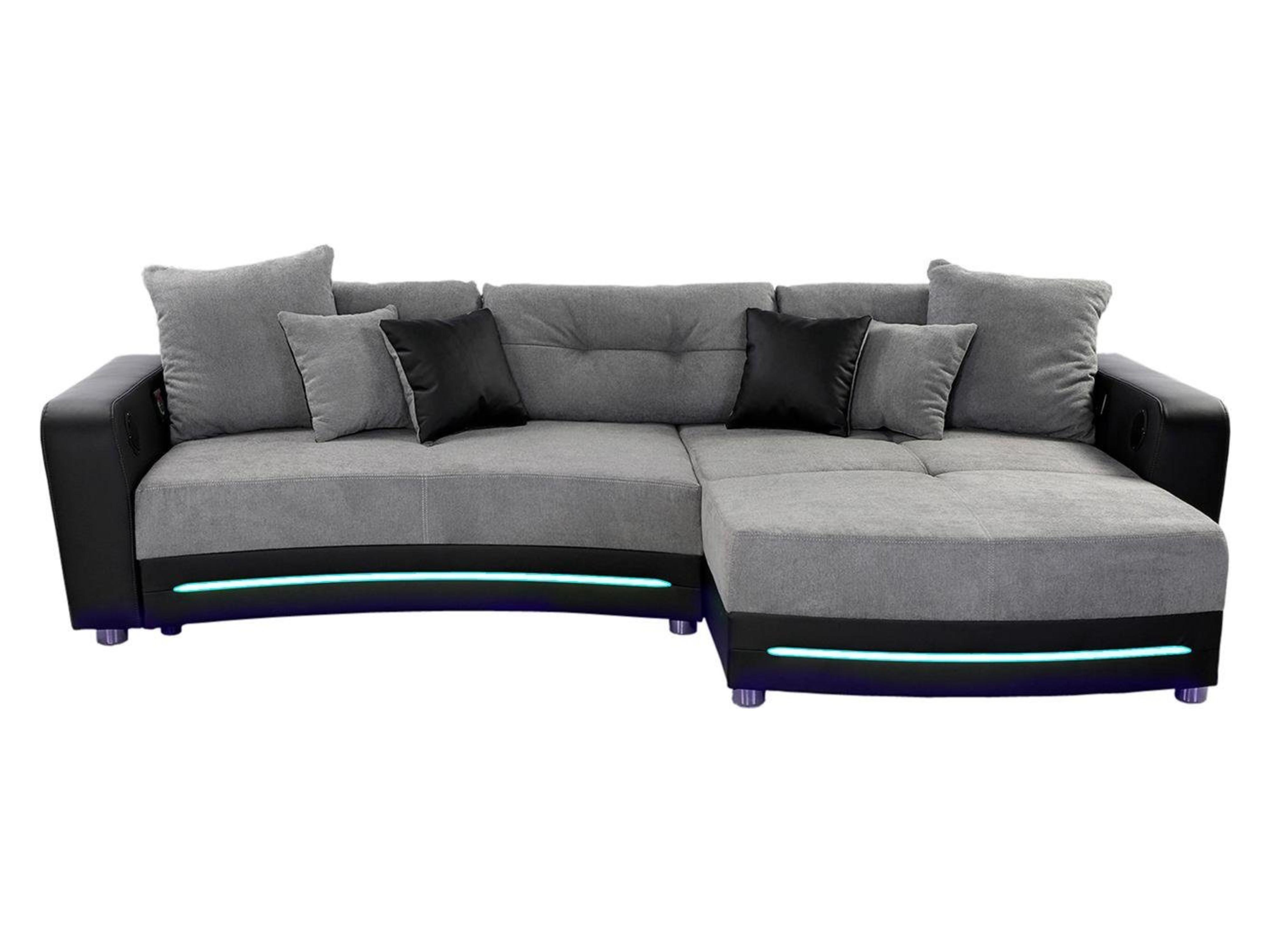 MULTIMEDIA-ECKSOFA Soundsystem RGB-LED Beleuchtung Bluetooth USB AUX-in,seitenverkehrt montierbar B322/T190/H88cm,Kunstleder Schwarz-Mikrof.Grau/15411 - Chromfarben/Schwarz, Kunststoff/Textil (322/88/190cm) - luma-home