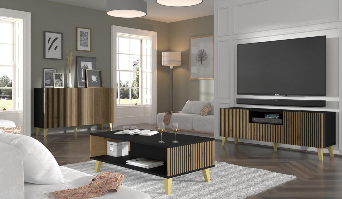 KOMMODE Schwarz, Artisan-Schwarz, Gold 150/87/42 - Schwarz, Holzwerkstoff (150/87/42cm) - RAUMHIRSCH FURNITURE