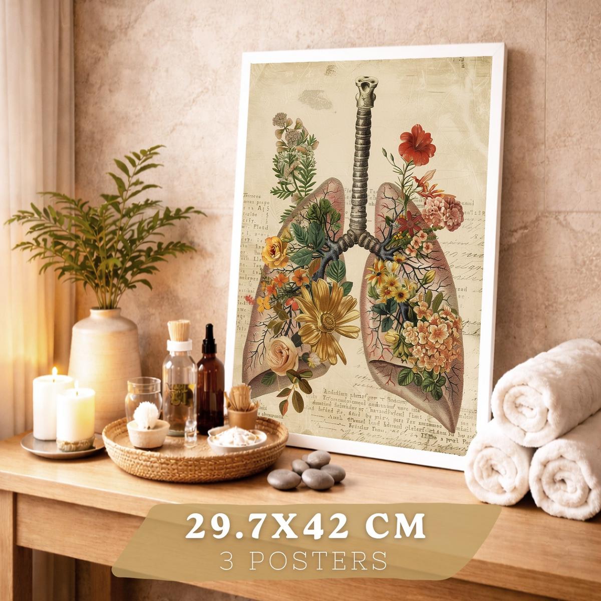 POSTER Set aus 3 Anatomie Mensch Vintage Florale Drucke und Wandbilder mit Lungen Brustkorb und Gehirn Botanischer Antiker Stil Größe Weißer Rahmen A3 - Weiß, Papier (29.7/42/3cm) - Nacnic