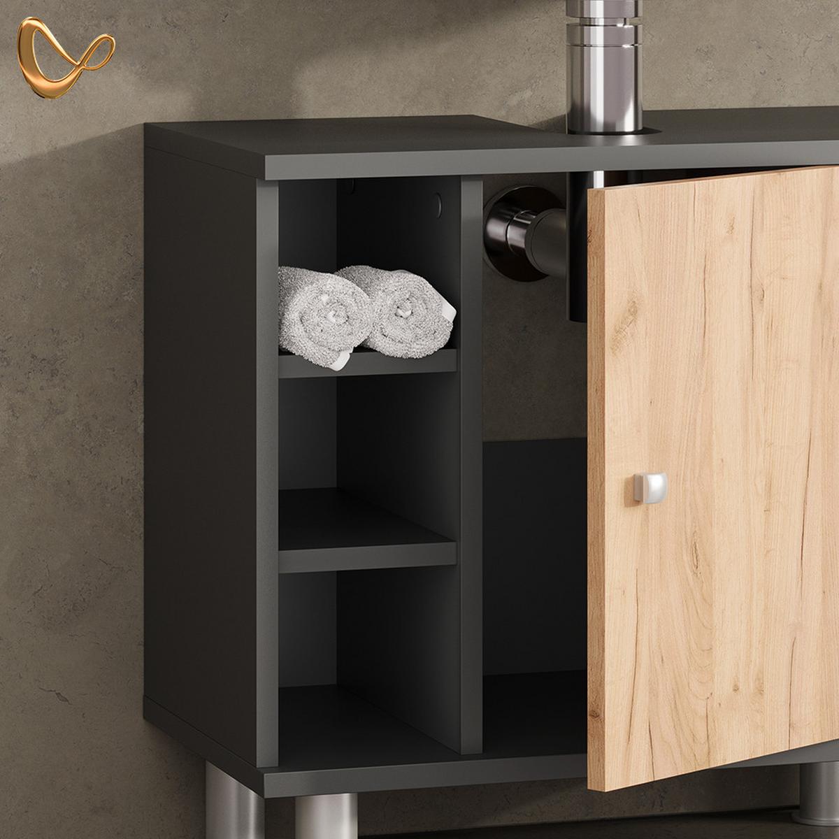 WASCHBECKENUNTERSCHRANK Fucino Goldkraft Eiche/Anthrazit 60 x 54 cm mit 6 Ablage - Honigeiche/Anthrazit, Holzwerkstoff (60/54/32cm) - Livinity®