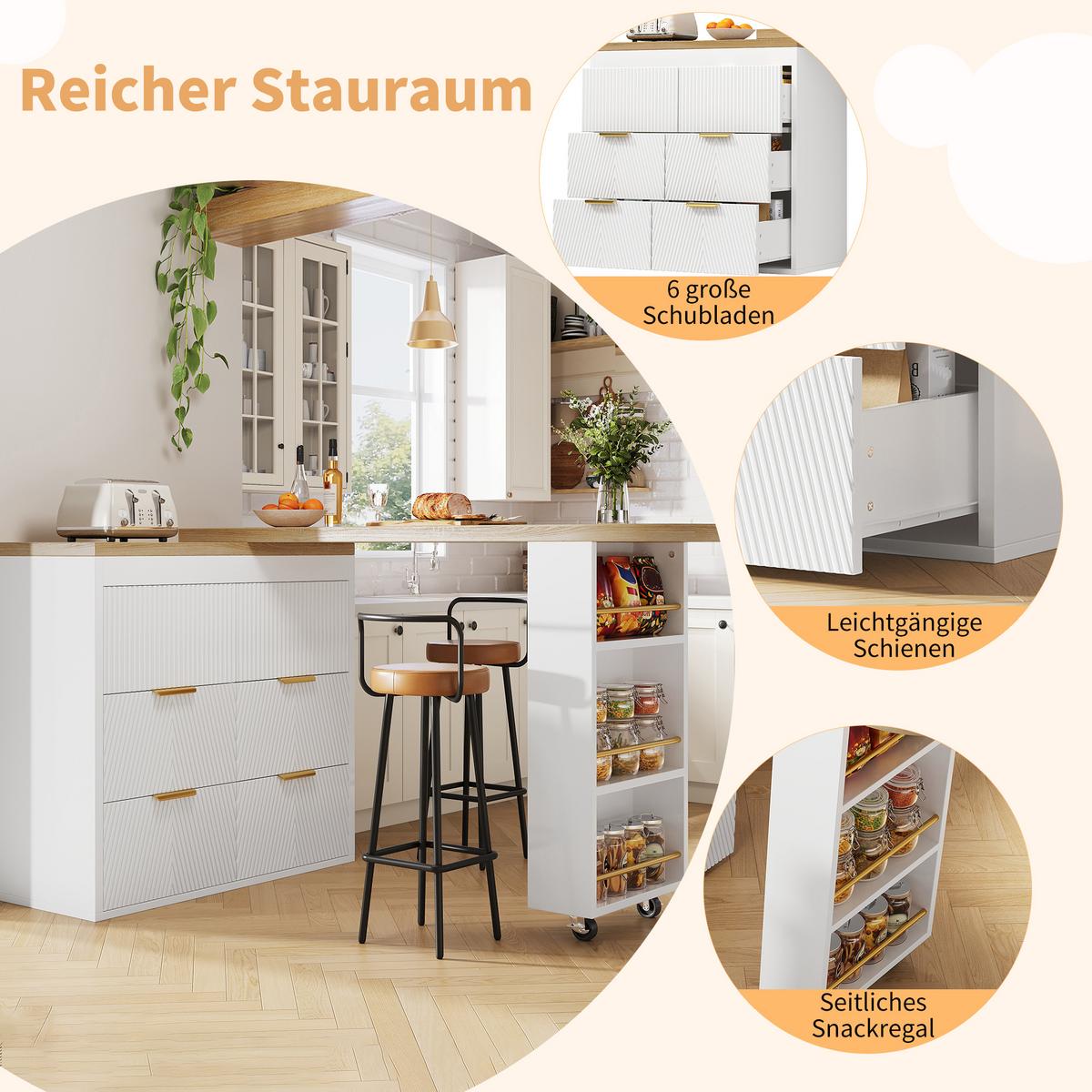 BARTISCH mit küchenbuffet 360° drehbar & 6 schubladen - Weiß, Holzwerkstoff (39/203/90cm) - Urban Meuble