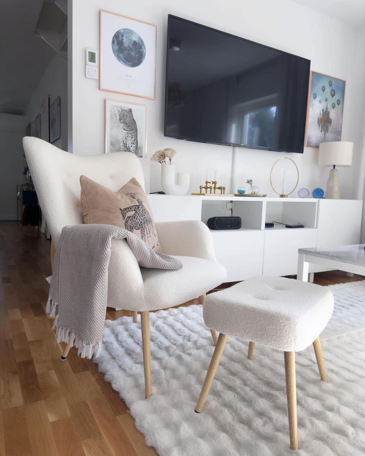 SESSEL Bouclé cremeweiß mit Hocker Vejle - Hellbraun/Weiß, Textil (67/95/52cm) - Beliani