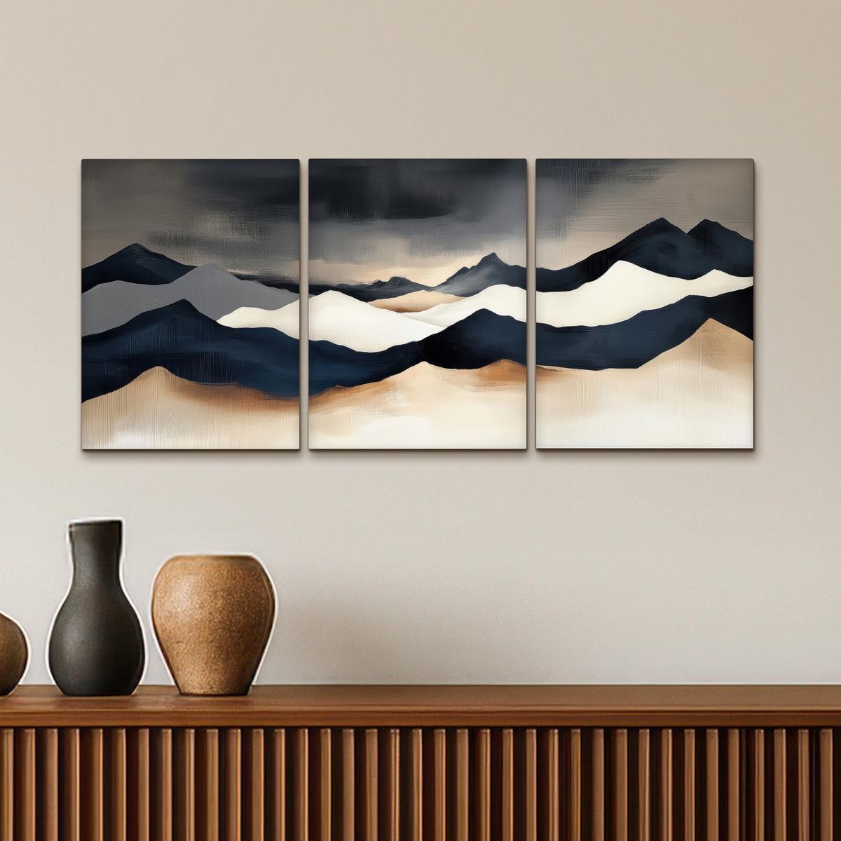 LEINWANDBILD 3er Set Landschaft - Abstrakt - Modern 90x40 cm - Dunkelblau, Textil (90/40cm) - MuchoWow