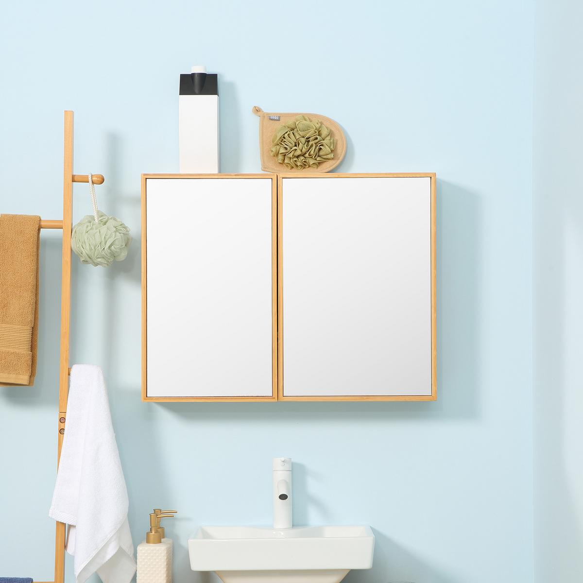 SPIEGELSCHRANK mit 3 Innenböden, Doppeltür, Bambus, Natur, 65,2 x 14 x 50 cm - Naturfarben, Glas (65.2/50/14cm) - Kleankin