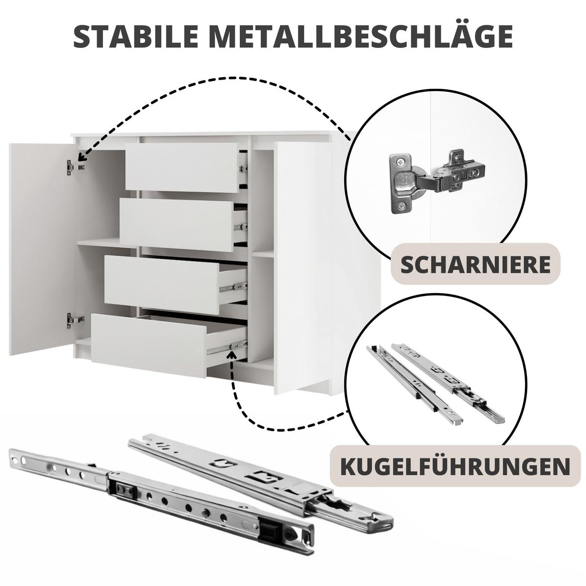 KOMMODE Lemon, mit 2 Türen und 4 Schubladen, 140 cm, Weiß matt - Weiß, Holzwerkstoff (140/101/39cm) - Beautysofa