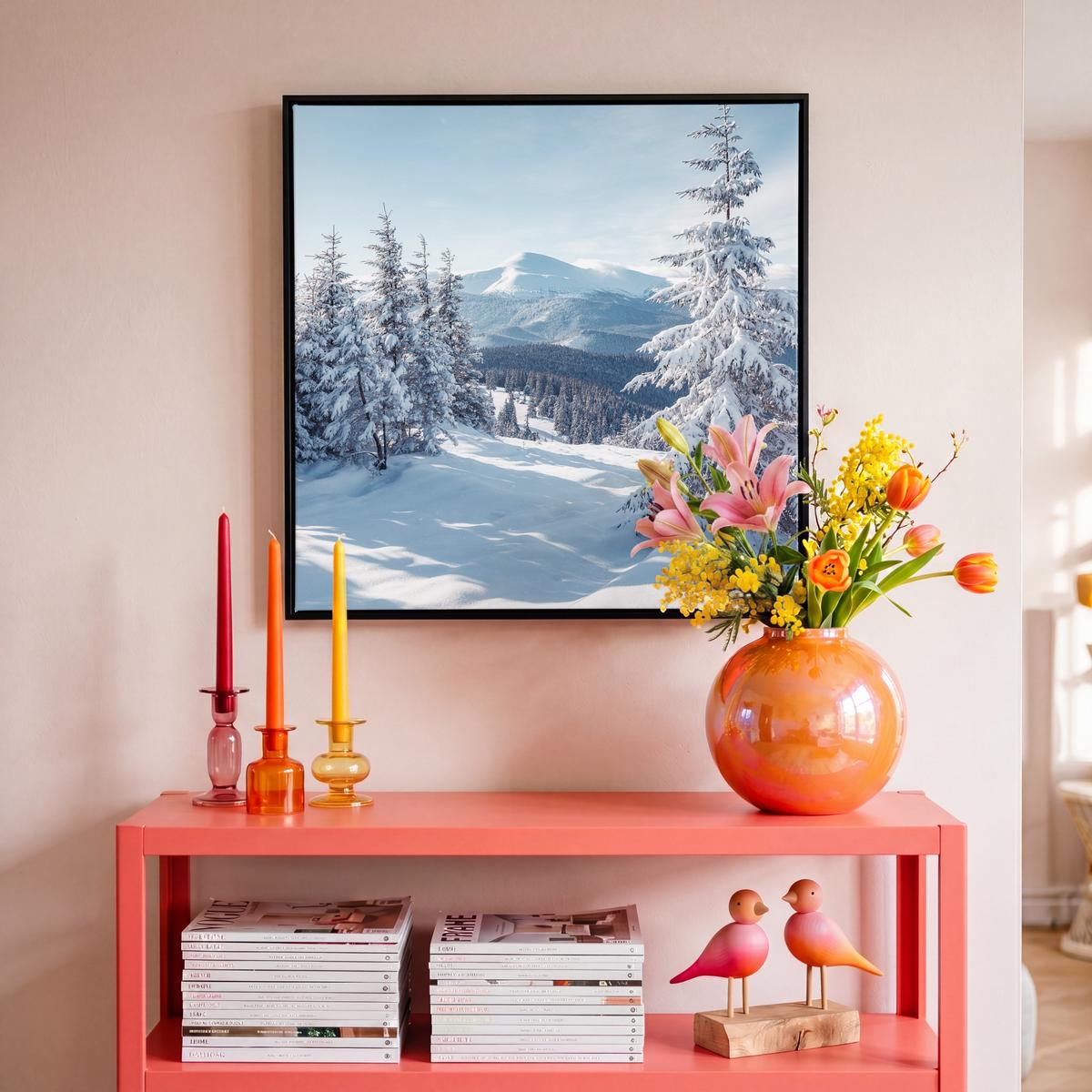 LEINWAND Bilder mit Rahmen - Winterlandschaft - Natur - Berge - Bäume - Schnee - 50x50 - Hellblau, Textil (50/50cm) - MuchoWow