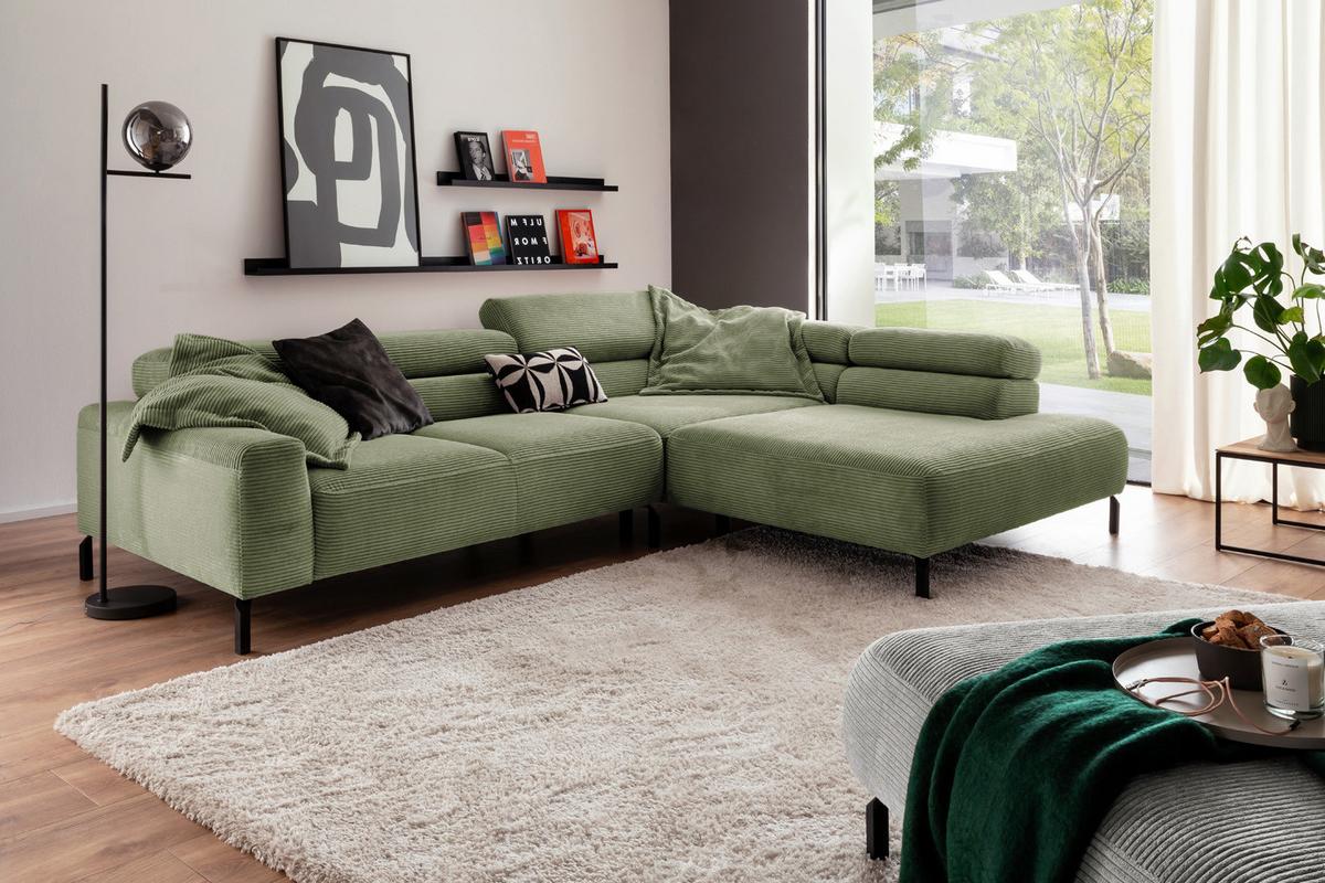 ECKSOFA DELIA Grün Cord - Schwarz/Olivgrün, Textil/Metall (312/219cm) - KAWOLA
