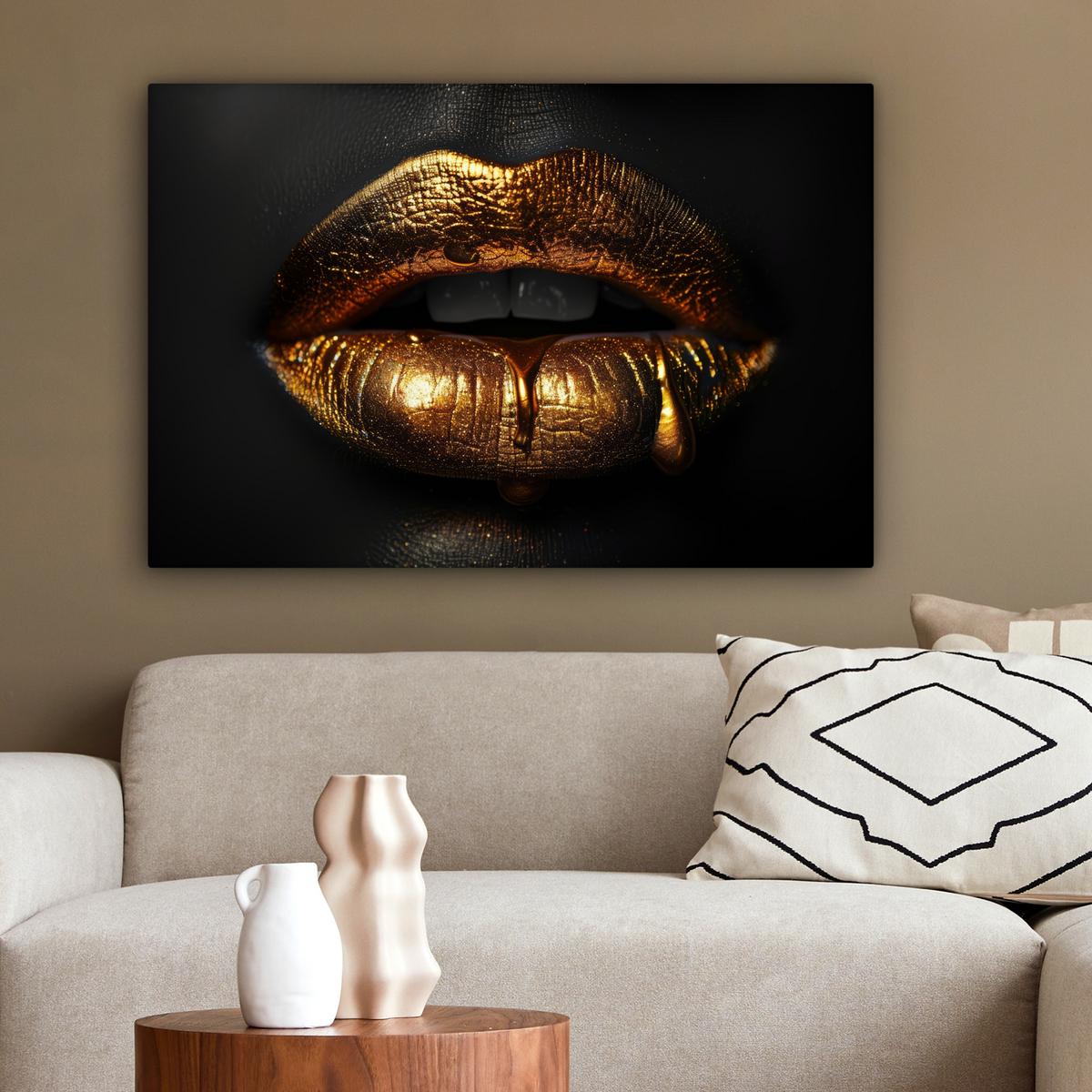 LEINWANDBILD Frau - Porträt - Lippen - Gold - Schwarz Wanddeko 90x60 cm - Schwarz, Textil (90/60cm) - MuchoWow