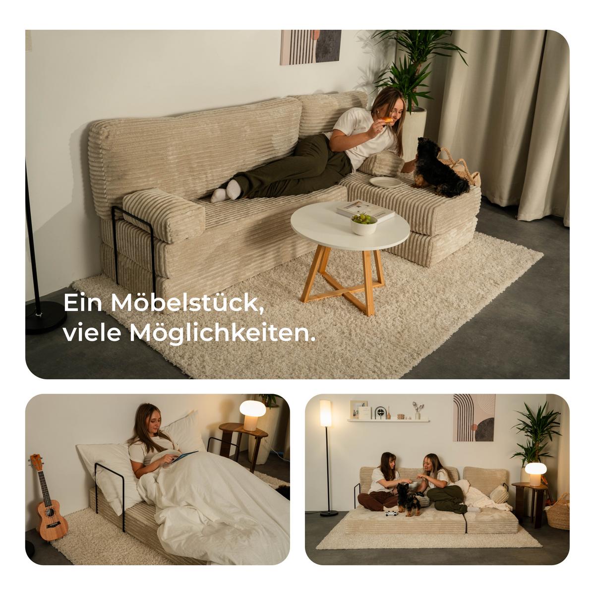 ECKSOFA NOTIA modulares Boneless Sofa mit Schlaffunktion Hellgrau Kordstoff - Hellgrau, Textil (200/120cm) - MASSENO