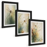 BILDER SET 3er Set - 20x30 cm Schwarzer Rahmen - Libellengräser über dem Wasser - Schwarz, Kunststoff (20/30cm) - TULUP