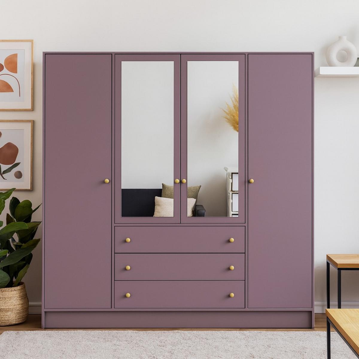 DREHTÜRENSCHRANK Solea Lux mit 4 Türen und 3 Schubladen, Pflaume - Pflaume/Goldfarben, Holzwerkstoff (196/200/58cm) - Beautysofa