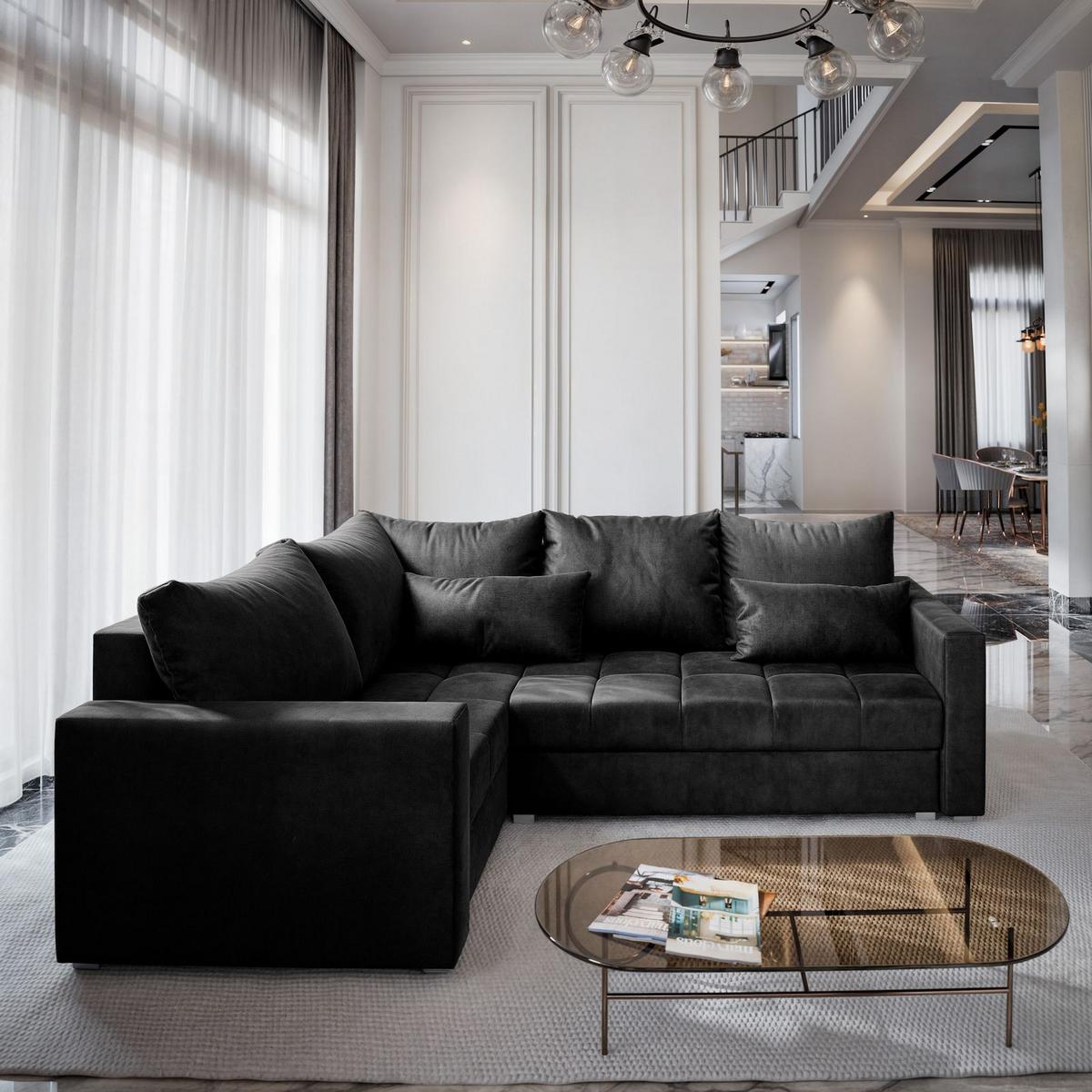 ECKSOFA LIRENO L-S Schwarz Plüsch-Stoff mit Schlaffunktion - Schwarz/Grau, Holz/Kunststoff (220/153cm) - MASSENO
