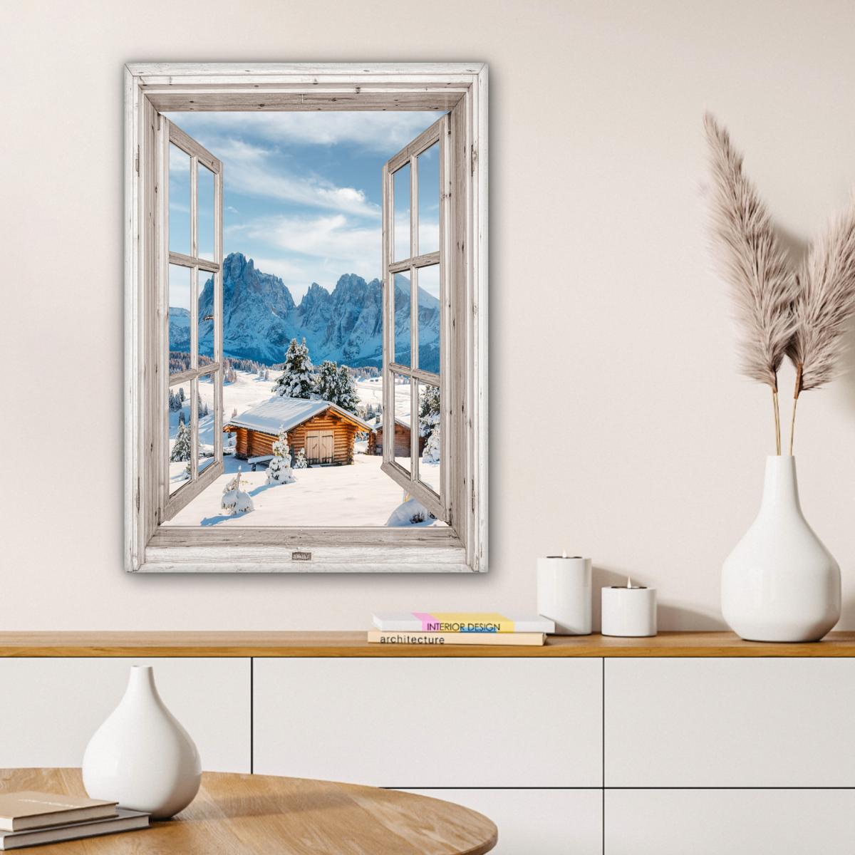LEINWANDBILD Winterlandschaft - Hütte - Berge - Ausblicke - Aussicht - Natur Wandbild Wohnzimmer 60x80 cm - Weiß Hochglanz, Textil (60/80cm) - MuchoWow