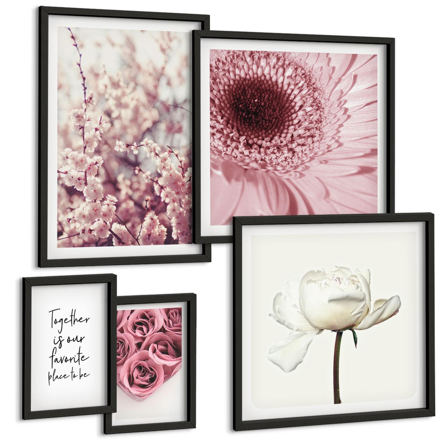 BILDER SET 5er Set - 50x50 cm & 20x30 cm & 40x60 cm Schwarzer Rahmen - Blumensträuße mit Rosen, Hausinschrift - Schwarz, Kunststoff (40/60cm) - TULUP