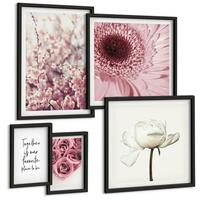 BILDER SET 5er Set - 50x50 cm & 20x30 cm & 40x60 cm Schwarzer Rahmen - Blumensträuße mit Rosen, Hausinschrift - Schwarz, Kunststoff (40/60cm) - TULUP