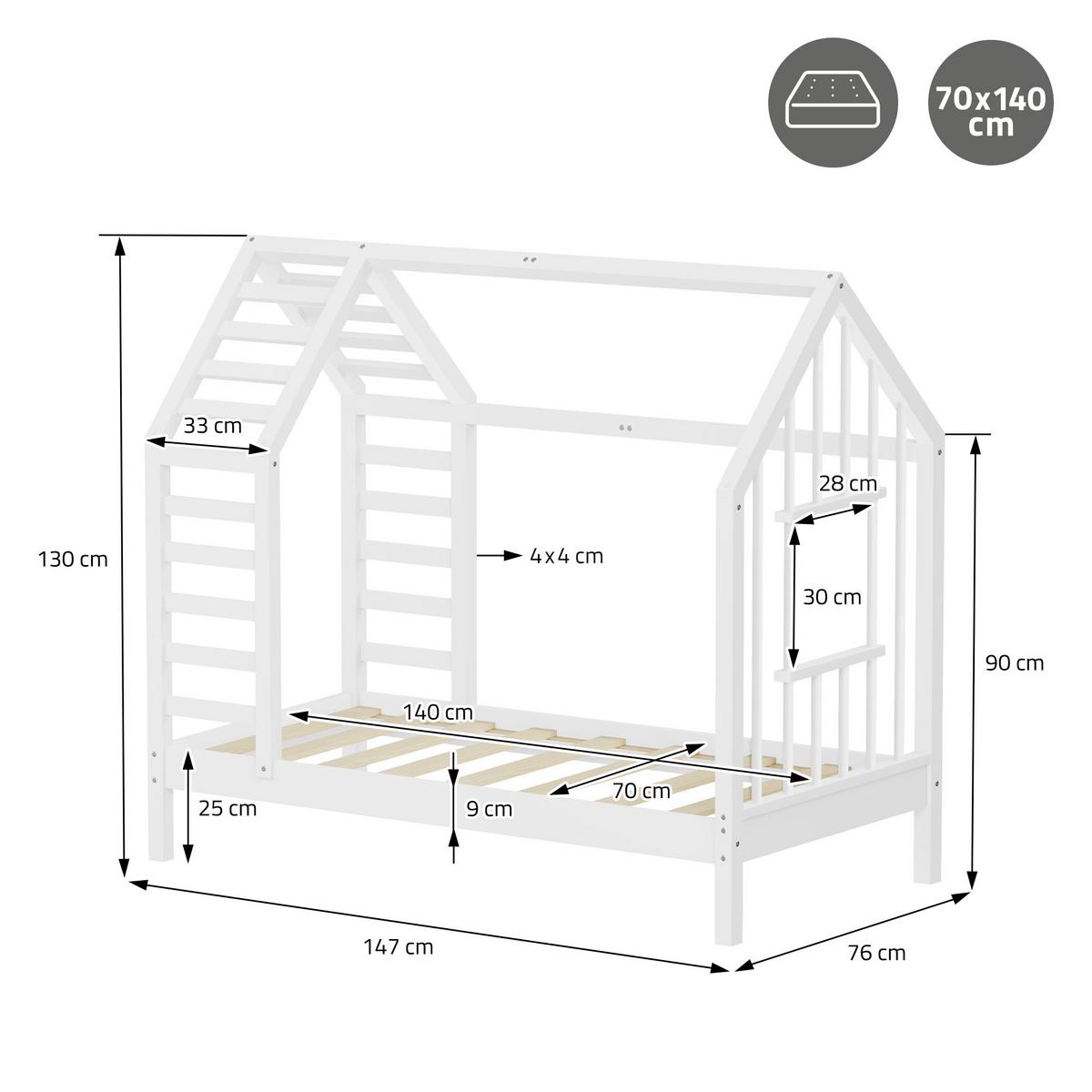 KINDERBETT 70x140 cm mit Lattenrost Dach und Fenster Hausbett aus massivem Kiefernholz Weiß - Weiß, Holz (70/140cm) - ML-DESIGN