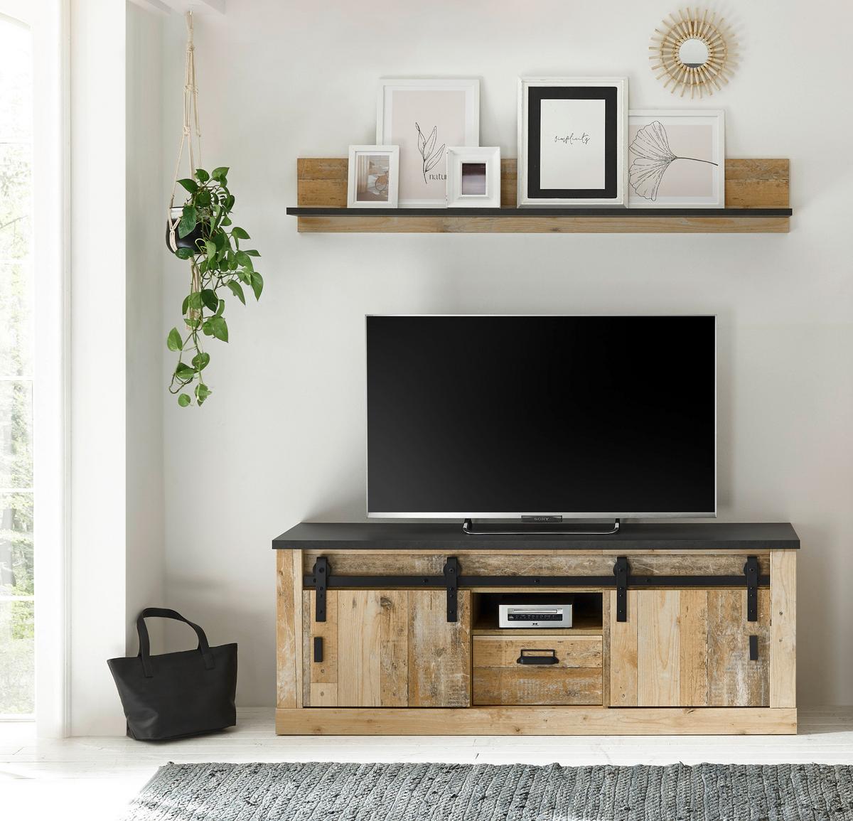 WANDBOARD Used Wood hell, anthrazit, Wandregal 160 cm - Anthrazit/Naturfarben, Holzwerkstoff/Metall (160/30/22cm) - Furn.Design