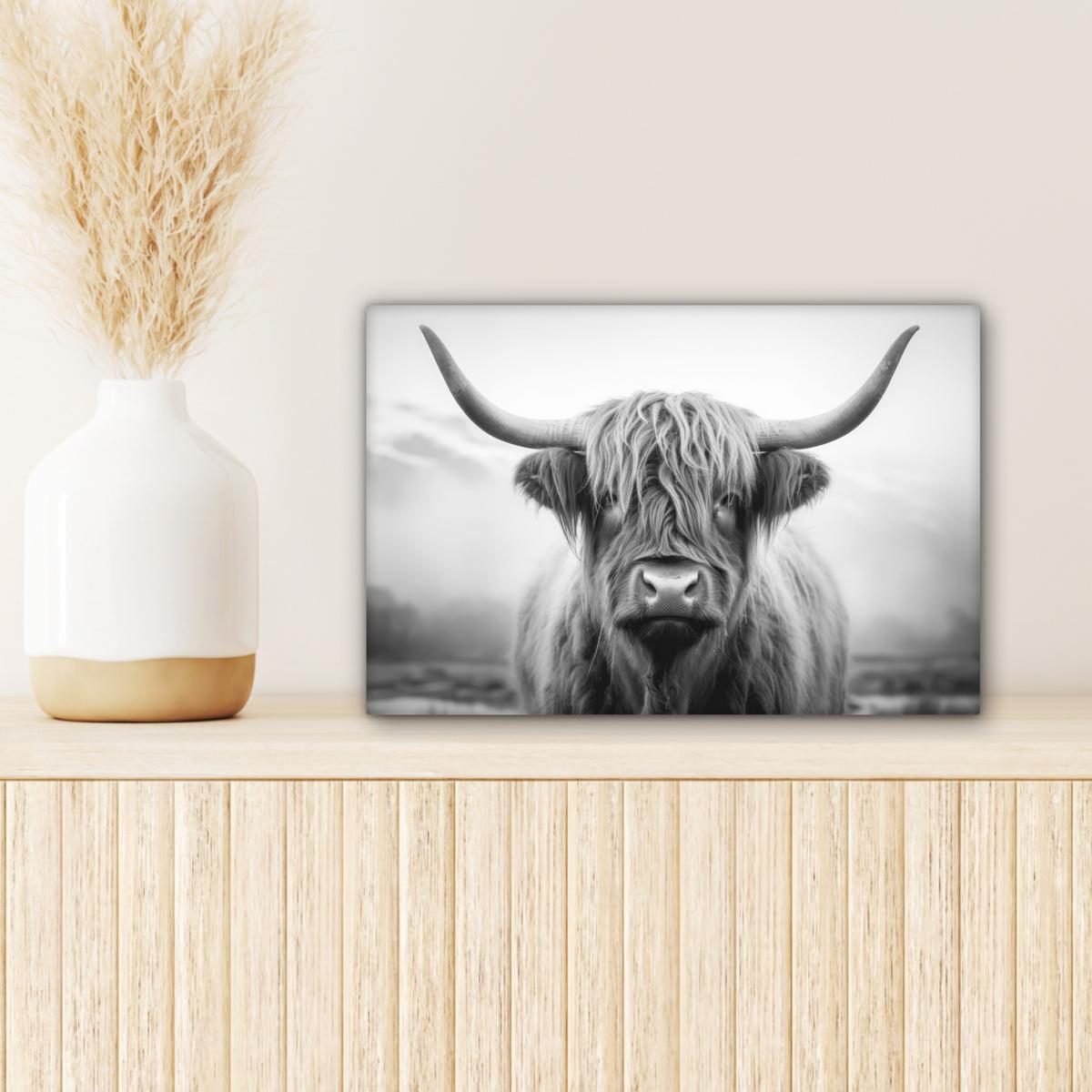 LEINWANDBILD Schottischer Highlander - Nebel - Schwarz - Weiß Deko Schlafzimmer 30x20 cm - Grau, Textil (30/20cm) - MuchoWow
