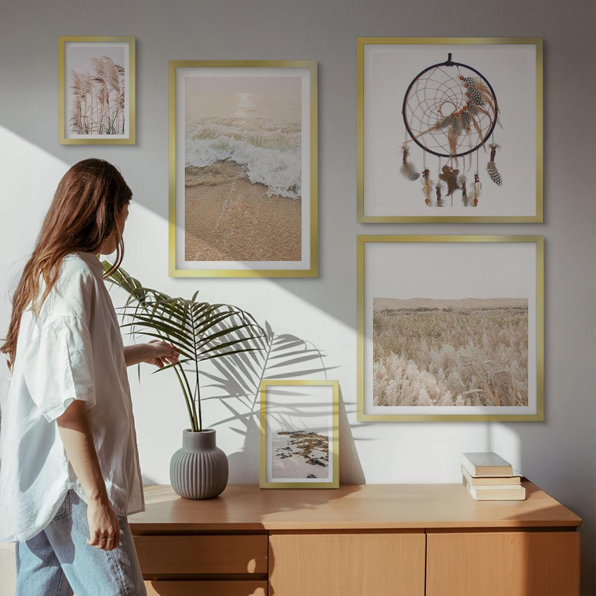 BILDER SET 5er Set - 50x50 cm & 20x30 cm & 40x60 cm Goldrahmen - Strandgras, Wellen, Steine, Boho-Stil - Goldfarben, Kunststoff (40/60cm) - TULUP