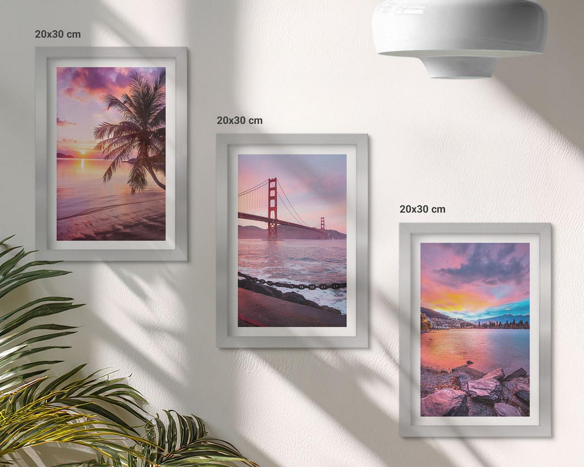 BILDER SET 3er Set - 20x30 cm Silberner Rahmen - Sonnenuntergangsbrücke Landschaft - Silberfarben, Kunststoff (20/30cm) - TULUP