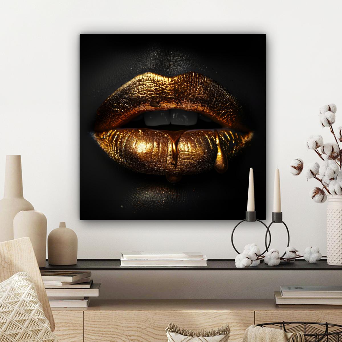 LEINWANDBILD Frau - Porträt - Lippen - Gold - Schwarz Wandbild Wohnzimmer 50x50 cm - Schwarz, Textil (50/50cm) - MuchoWow