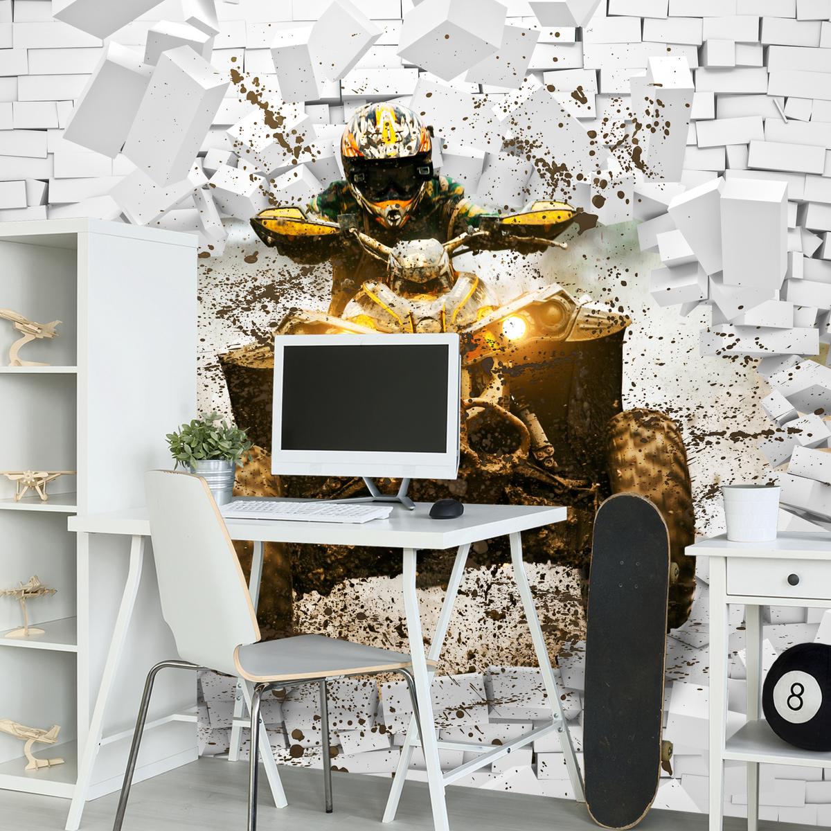 FOTOTAPETE für Büro Schlammbedecktes Quad Durchbricht Backsteinmauer 350x256 - Gelb/Beige, Papier (350/256cm) - Muralo