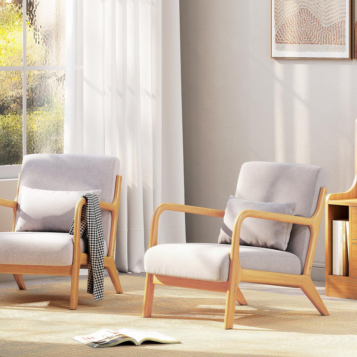 SESSEL Loungesessel mit Armlehne, Lendenkissen, S-Feder für Schlafzimmer, Grau - Naturfarben/Grau, Holz/Textil (61/76/78cm) - HOMCOM