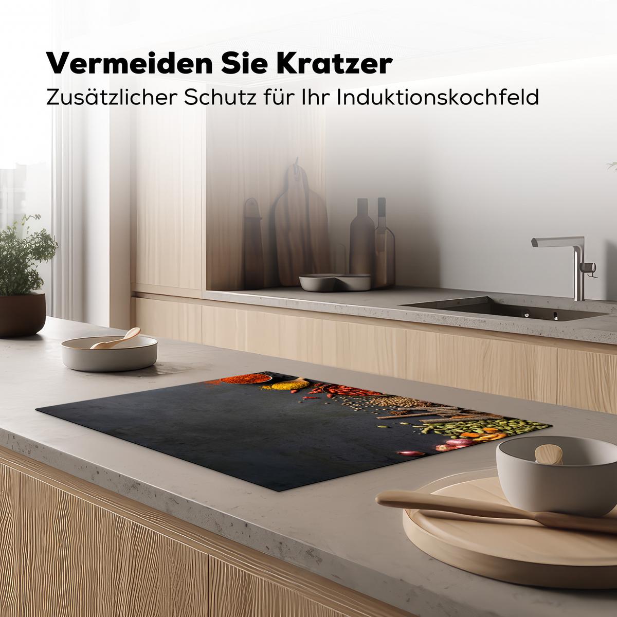HERDABDECKPLATTE Kräuter - Lebensmittel - Gewürze - Schwarz - Paprika - Zimt Herdabdeckung Induktionsfeld 75x52 cm - Currygelb, Kunststoff (75/52/0.2cm) - MuchoWow