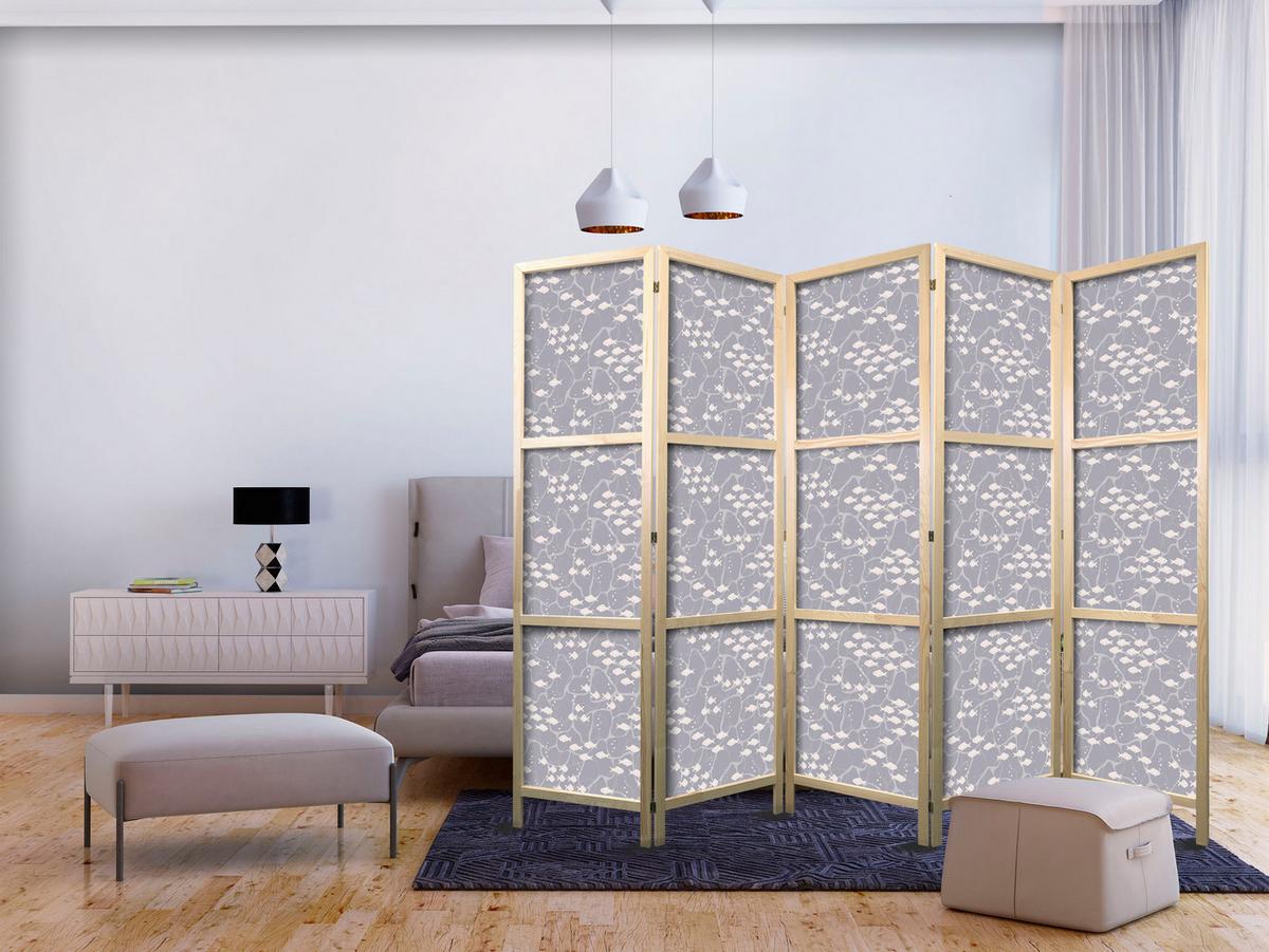 PARAVENT Japanischer 5-tlg 225x172 cm Fischschwarm - Grau, Holz/Textil (225/172/3cm) - Muralo