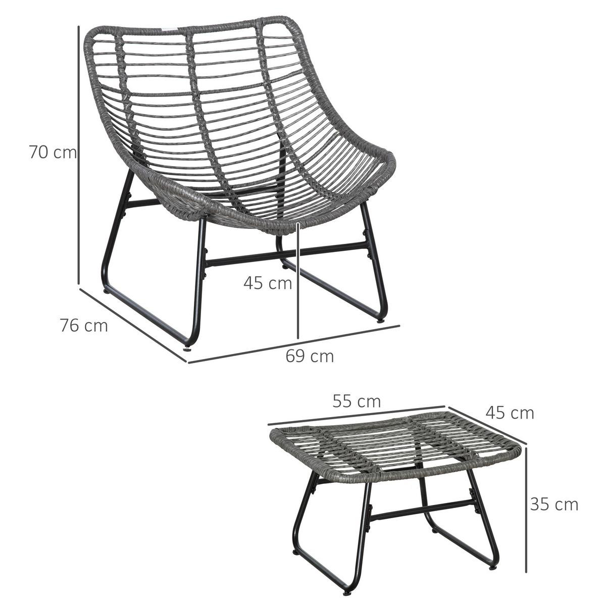 RELAXSESSEL mit Fußhocker Kissen Stahl Polyester Grau 69 x 76 x 70 cm - Grau, Kunststoff (76/70/69cm) - Outsunny
