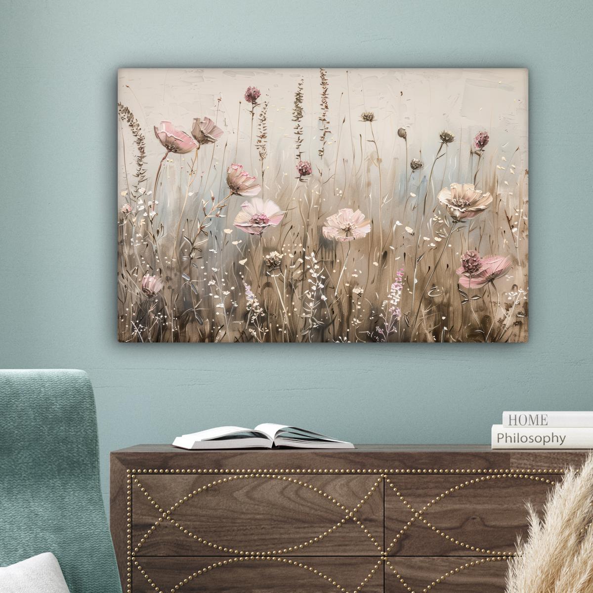 LEINWANDBILD Blumen - Rosa - Modern - Beige Gemälde 60x40 cm - Beige, Textil (60/40cm) - MuchoWow